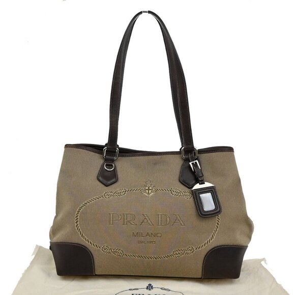PRADA MILANO Logo Shoulder Bag Canvas Leather Brown Made in Italy - Picture 1 of 16